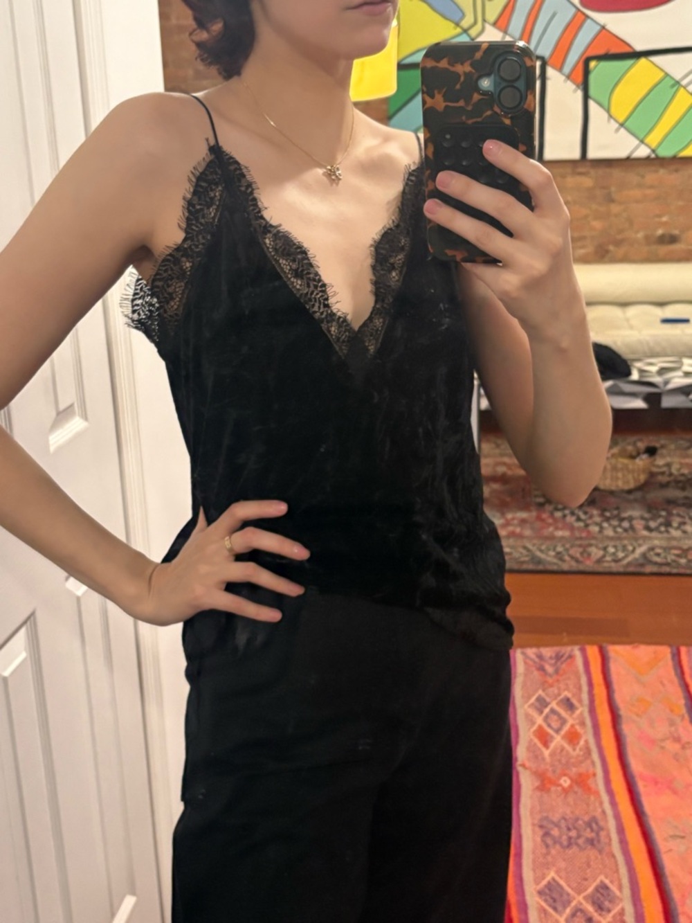 Zara Black Lace-Trim Velvet Camisole